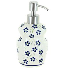 a soap dispenser with blue flowers on it