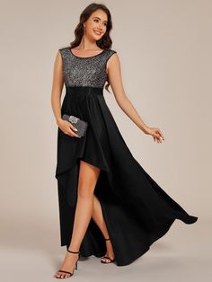 Sequin Satin Evening Dress For Prom, Sleeveless Satin Evening Dress For Party Season, Sleeveless High Low Dress For Prom Season, Sleeveless Sequin Maxi Dress For Prom, Sleeveless High Low Prom Dress, Sleeveless Contrast Sequin Evening Dress For Night Out, Formal Sleeveless Dress With Contrast Sequin, Sleeveless Contrast Sequin Formal Dress, Sleeveless Embellished Satin Evening Dress