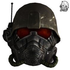 a helmet with red eyes and a gas mask on the side, in front of a white background