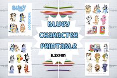 bluey character printables are shown with pencils and crayon markers