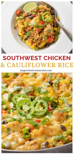 southwest chicken and cauliflower rice in a skillet with the title above it