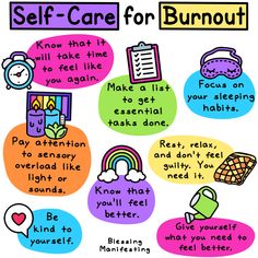 a poster with words and pictures on it that say self care for burnout,