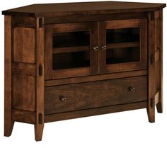 a wooden entertainment center with two doors and drawers on one side, an open shelf above the other