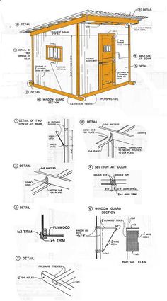 the plans for a small shed with windows and sidings, including an attached roof