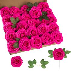 pink roses in a cardboard box with green leaves on the stems and another set of fake flowers