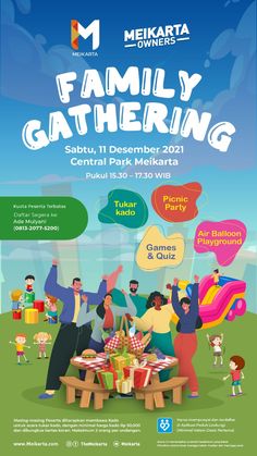 the family gathering flyer is shown with people around a table and two children standing in front of it