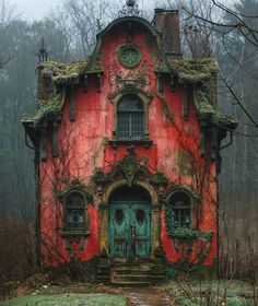 an old house with moss growing on it's roof and door, in the woods