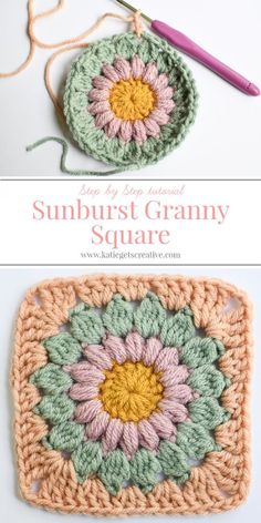 crochet granny square with the words sunburst granny square written on it