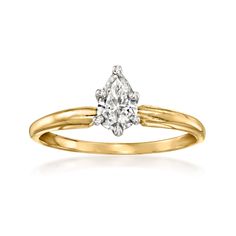 Ross-Simons - C. 1980 Vintage .46ct Pear-Shaped Diamond Ring in 14kt Yellow Gold. Size 5.25. C. 1980. Sparkling with a .46 carat pear-shaped diamond in 14kt white gold, this Estate collection ring would make a wonderful engagement ring option for the demure bride. Beautifully set on a classic and slender 14kt yellow gold band. 1/4" wide. Diamond ring. Exclusive, one-of-a-kind Estate Jewelry. Diamond birthstones are the perfect gift for April birthdays. Yellow Gold Pear-shaped Diamond Ring For Anniversary, Timeless Pear-shaped Diamond Anniversary Ring, Pear-shaped Yellow Gold Diamond Ring For Anniversary, Anniversary Pear-shaped Yellow Gold Diamond Ring, Classic Solitaire Pear-shaped Diamond Ring, Classic Pear-shaped Diamond Ring For Formal Occasions, Yellow Gold Pear Diamond Ring For Anniversary, Classic Pear-shaped Solitaire Diamond Ring, Formal Yellow Gold Pear-shaped Diamond Ring