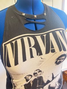 Nirvana Fitted Tank - Etsy Fitted Graphic Tank Top For Streetwear, Fitted Crew Neck Graphic Tank Top, Edgy Fitted Crew Neck Tank Top, Punk Style Stretch Tops For Music Festival, Fitted Graphic Print Top For Music Festival, Alternative Fitted Top With Graphic Print, Fitted Punk Top With Screen Print, Fitted Punk Style Screen Print Tops, Punk Style Fitted Screen Print Tops