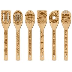 six wooden spoons with different designs and names on them, all lined up in a row