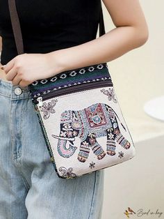 Bird in Bag - Embroidered Cell Phone Shoulder Bag, Small Size Butterfly Embroidery, Embroidered Bag, Cute Elephant, Small Canvas, Canvas Handbags, Ethnic Style, Bird In Bag, Acrylic Material, Ethnic Fashion