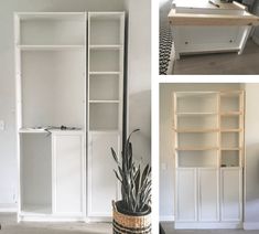 three different pictures of white shelves and a plant in a vase on the floor next to them