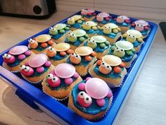 cupcakes decorated with colorful frosting are on a blue tray