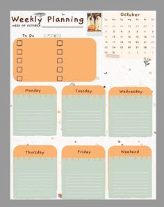 a printable weekly planner is shown with orange and green notes on the page, which are