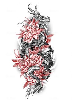 a dragon and roses tattoo design on a white background