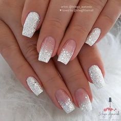 Nails for Wedding Bride—25 Nail Designs Every Bride Should Rock Silver Glitter Nails, Tapered Square Nails, White Glitter Nails, Ombre Nails Glitter, Silver Nail, Short Coffin Nails, Homecoming Nails