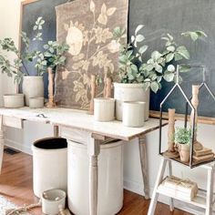 there is a chalkboard behind the table with potted plants on it and other items