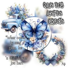 a blue truck with flowers and butterflies on the front is featured in this postcard