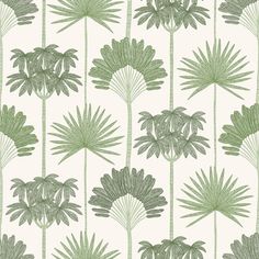 a green and white wallpaper with large leaves on the side, in front of a beige background