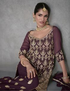 Buy a Brown Colour Sharara Suit Online Bollywood Party, Georgette Dress, Heavy Embroidery, Brown Colour