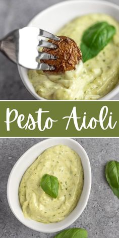 pesto aioli in a white bowl with spinach leaves and a fork sticking out of it