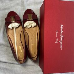 Authentic Salvatore Ferragamo Varina Flats In Patent Red Purchased From Ferragamo Store Very Gently Worn Classic Red Retails For $695+Tax Red Leather Evening Flats, Red Leather Flats For Evening, Elegant Burgundy Flats With Round Toe, Elegant Burgundy Round Toe Flats, Elegant Flats With Red Sole, Elegant Red Flats With Rubber Sole, Classic Flats With Red Sole For Formal Occasions, Elegant Leather Flats With Red Sole, Classic Formal Flats With Red Sole