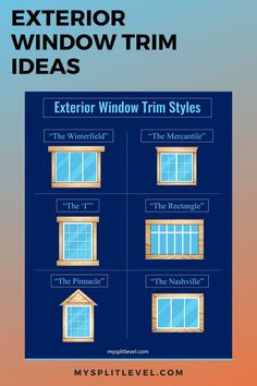 the window trim styles for windows are shown in blue and orange, with text that reads exterior window trim ideas