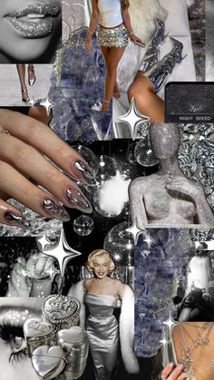 a collage of photos with silver and white nail polish