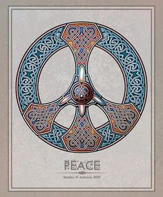 a peace sign with celtic designs on it's sides and the word peace in the middle