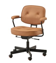 an office chair with wheels and a tan leather upholstered seat, viewed from the front