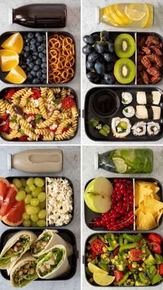 four images show different types of food in plastic containers, including fruit, vegetables and pasta