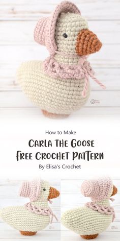 a crocheted duck is shown with the words, how to make carolina the goose free crochet pattern by elia's crochet