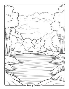 a landscape with trees, water and clouds in black and white coloring book page for adults