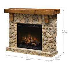 the fireplace is shown with measurements for its size and features an electric fire place, which also has a built - in log