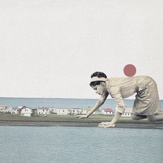 an old photo of a man playing frisbee by the water's edge