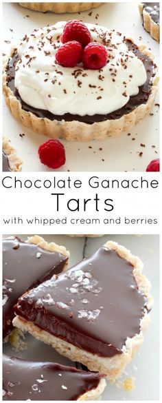 chocolate ganache tarts with whipped cream and berries are the perfect dessert for valentine's day