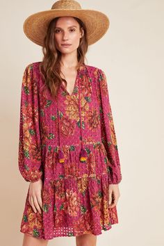 FARM RIO Eyelet Tiered Floral Printed Tunic Dress - We Select Dresses Linen Tunic Dress, Printed Tunic Dress, Linen Mini Dress, Tropical Dress, Tunic Styles, Farm Rio, Puffed Sleeves, Red Mini Dress