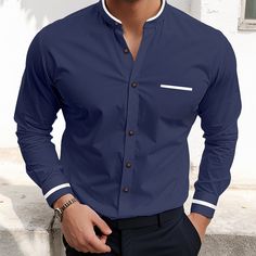 Season:Spring  Summer; Function:Moisture Wicking,Breathable; Fabric:Cotton Blend; Sleeve Length:Long Sleeve; Look After Me:Wet and Dry Cleaning,Washable; Gender:Men's; Style:Smart Casual,Comfortable,Fashion,Casual; Tops Type:Shirt,Button Up Shirt,Dress Shirt; Occasion:Going out,Daily,Wedding,Vacation; Pattern:Patchwork; Design:Front Pocket; Neckline:Standing Collar; Listing Date:12/21/2023; Bust:; Length:; Shoulder Width:; Sleeve: Navy Long Sleeve Shirt With Button Cuffs, Blue Slim Fit Shirt With Pockets, Summer Blue Dress Shirt With Buttons, Fitted Blue Top With Stand Collar, Blue Business Shirt With Pockets, Business Blue Shirt With Pockets, Blue Slim Fit Shirt With Button Closure, Slim Fit Blue Shirt With Buttons, Blue Slim Fit Shirt With Buttons