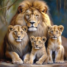 a painting of three lions sitting next to each other