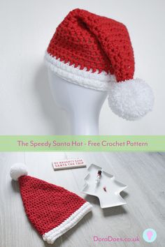 a crocheted santa hat with white pom - pom on top and red trim around the brim