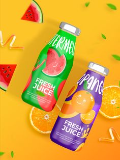 two juice cans with oranges and watermelon on them