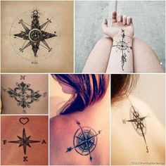 many different tattoos on the back of women's neck and shoulder, all with compasss