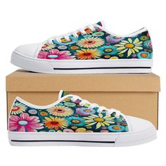 Our classic, but funky watercolor daisy low tops are stylish, comfortable and really beautiful. A lovely christmas gift. Mens and Womens Shoe Sizes. No matter where you go, you'll always have a funky spring in your step. Complete with metal eyelets and a lace up closure for a classic look. Wear them with STYLE! IMPORTANT: Made to Order so we don't have them on the shelf. These are NOT converse / vans. They are just inspired by the style. Multicolor Cotton Canvas Shoes For Spring, Casual Cotton Floral Print Sneakers, Casual Floral Print Cotton Sneakers, Funky Watercolor, Watercolor Daisy, Low Top Converse, Style Vans, Womens Shoe, Converse Style