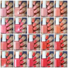 Top left to right: Peach Side Babe, Resort Fling, Haute As Hello Middle left to right: Tart Deco, Lounge Lover, On the List Bottom lef... Essie Pink, Peach Daiquiri, Peach Nail Polish, Essie Nail Polish Colors, Coral Nail Polish, Essie Nail Colors, Pink Nail Colors, Coral Nails, Cute As A Button