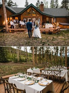 a couple getting married in front of their cabin