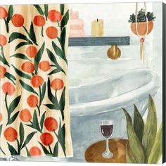 a painting of a bathtub with oranges on it and a glass of wine in the foreground