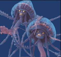 two blue jellyfish with yellow eyes and tentacles