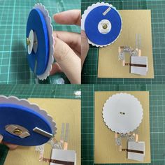 four pictures showing how to make a clock out of paper