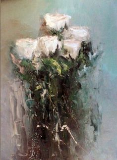 a painting of white roses in a vase